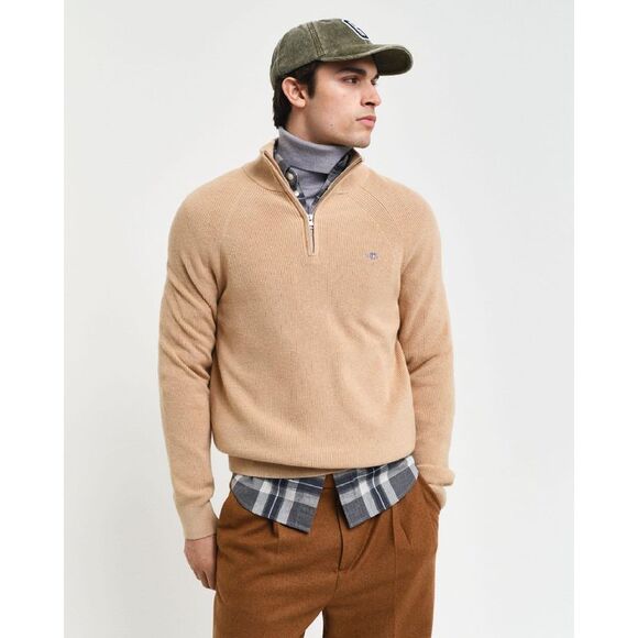 Gant Mens Ribbed Cotton Wool Half Zip Sweater / Khaki